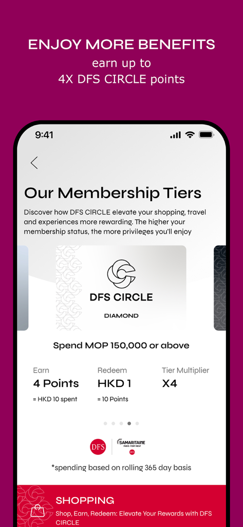 DFS CIRCLE - DFS CIRCLE app screen displaying luxury loyalty membership tiers and Diamond level rewards