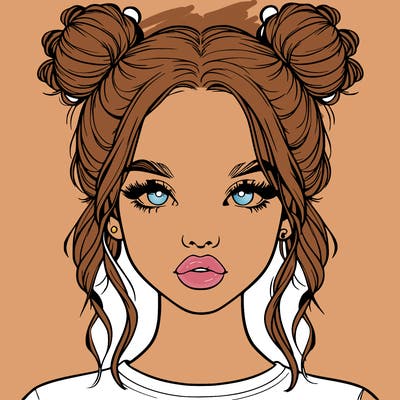 realistic girl with two buns in hair and lips