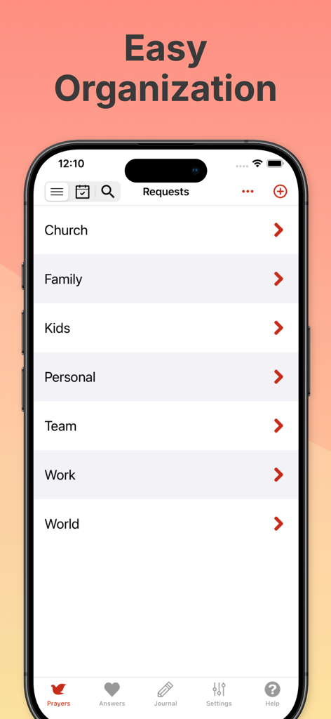 Amen prayer journal app showing organized request categories on an iPhone