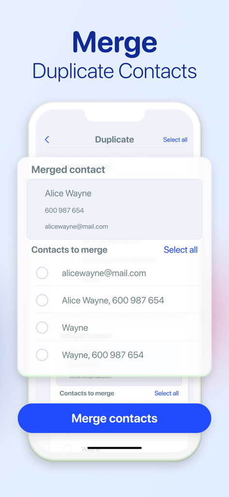 AI Cleaner app interface showing the feature to merge and organize duplicate contacts.