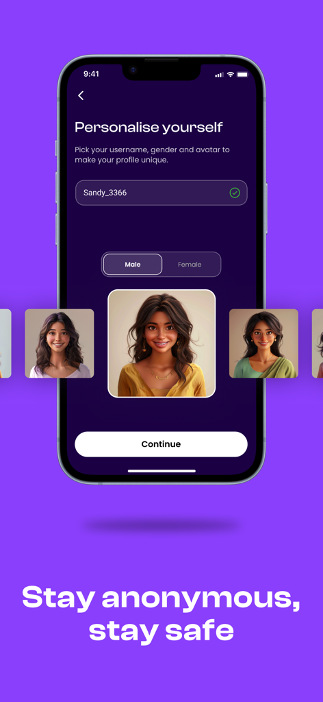 Dostt App: Talk & Feel Better - Schermata di un'app mobile per la personalizzazione di un profilo anonimo con nome utente e selezione dell'avatar.