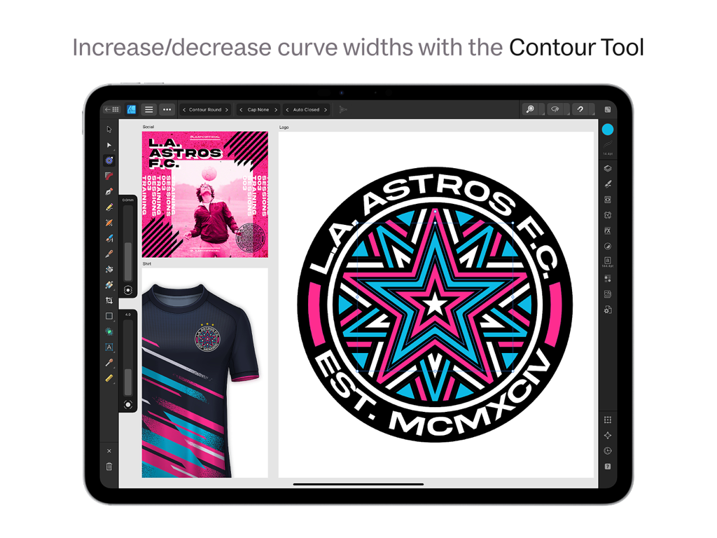 Conception graphique d'un logo de sport utilisant l'outil Contour sur Affinity Designer 2 pour iPad.