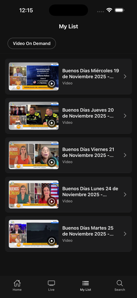 Interfaz de la app VPI TV mostrando la pantalla Mi Lista con transmisiones de noticias archivadas del programa Buenos Días.