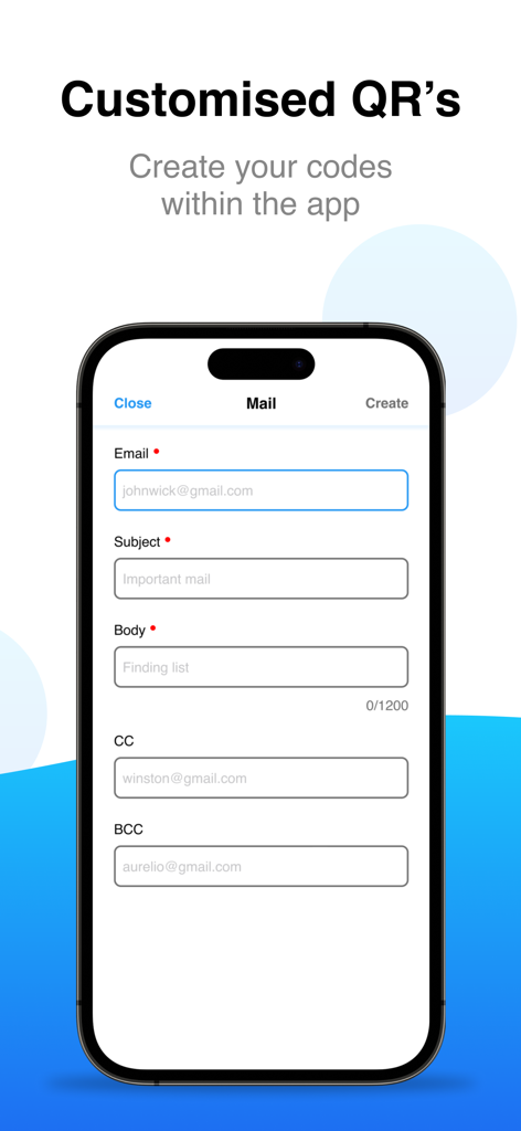 Interface for creating a custom email QR code within the app.