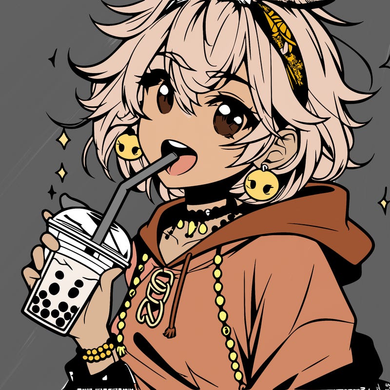 hot baddie anime girl drinking boba and biting the straw
