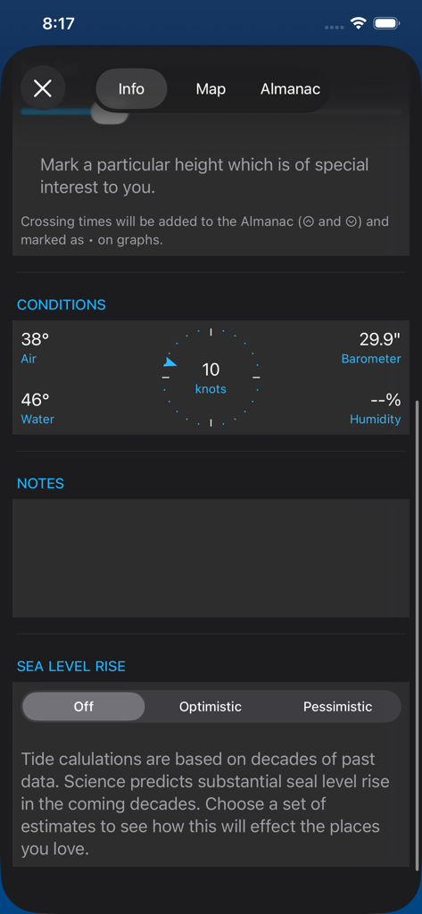 Ocean Watch - Ocean Watch App-Oberfläche mit Luft- und Wasserbedingungen sowie Einstellungen für die Vorhersage des Meeresspiegelanstiegs