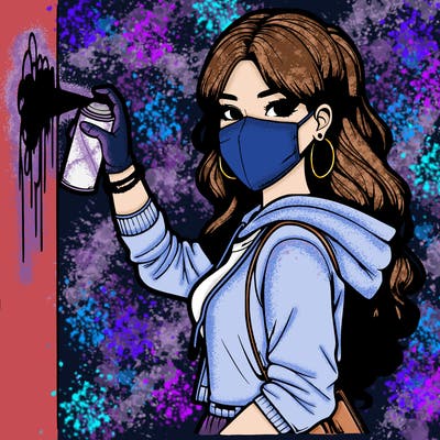 realistic girl with mask spray painting a wall