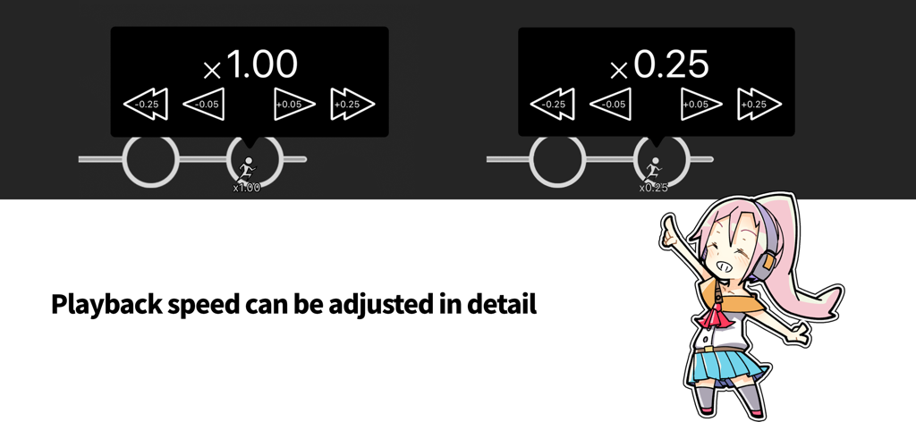 Interfaz de la aplicación Sound Game Training que muestra controles detallados de ajuste de la velocidad de reproducción desde 1,00x hasta 0,25x