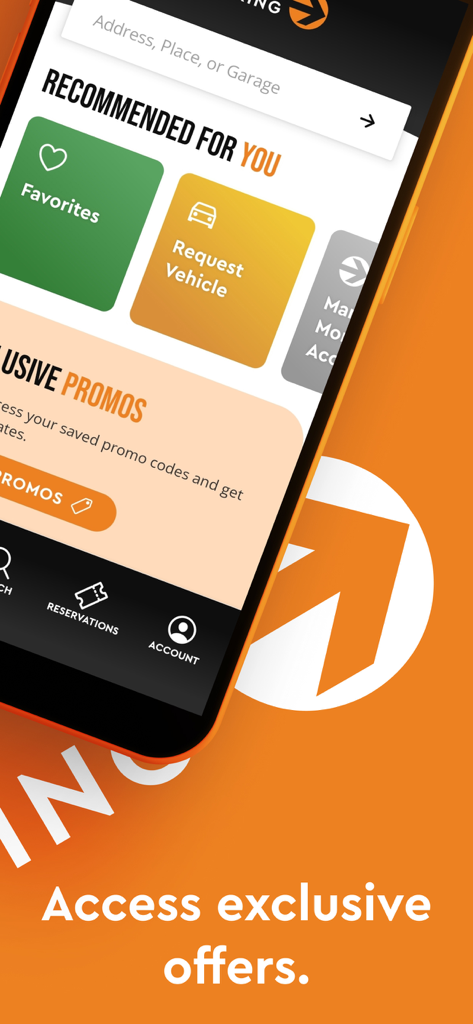 Interface do aplicativo Icon GO mostrando recursos de estacionamento recomendados e ofertas exclusivas.