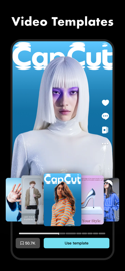 Mobile screen of CapCut app displaying professional video templates and a use template button