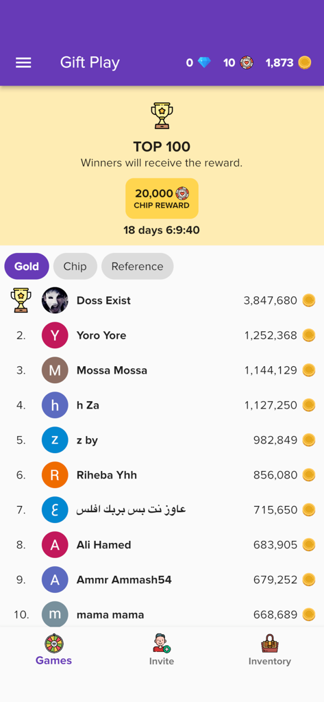Gift Play - Earn Gift Cards - Tabla de clasificación Top 100 en la aplicación Gift Play que muestra las clasificaciones de los usuarios y las recompensas de oro.