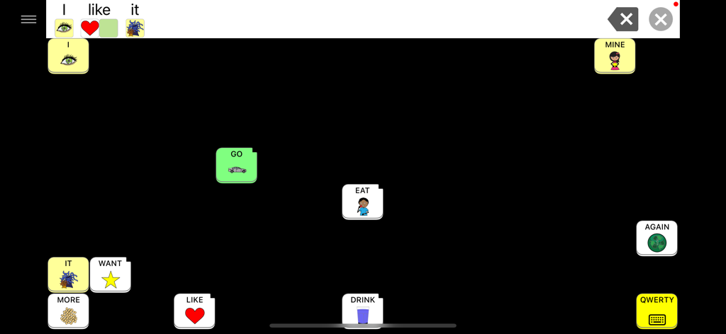The Speak for Yourself AAC app interface showing a simple sentence builder with core vocabulary word buttons