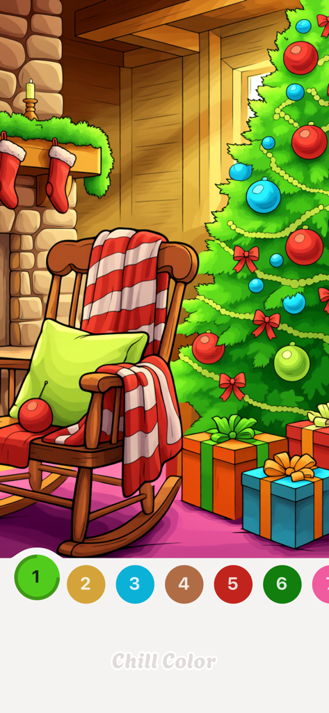 Chill Color - Paint by Number - Uma cena de Natal aconchegante com uma cadeira de balanço perto de uma lareira e uma árvore decorada em um aplicativo de pintura por número.