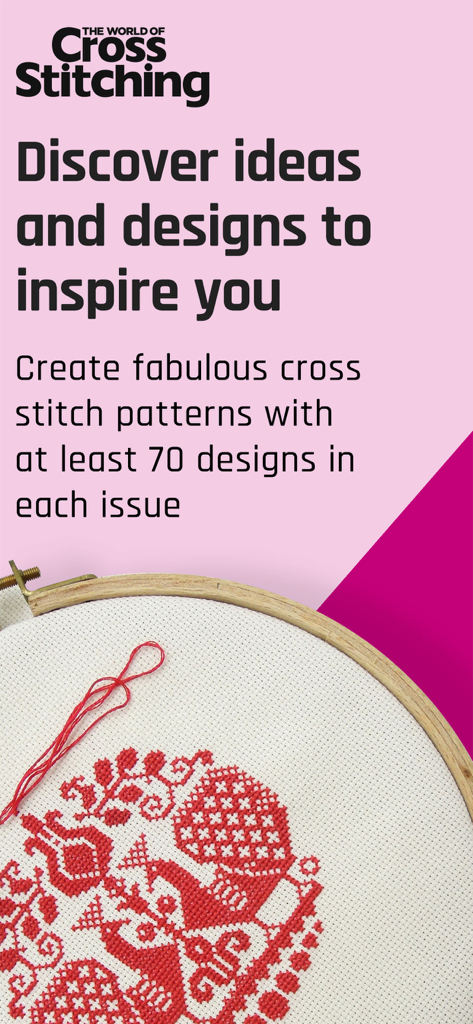 Um bastidor de bordado de madeira segurando um pano branco com um padrão tradicional de pássaro vermelho em ponto cruz e uma agulha com linha vermelha.