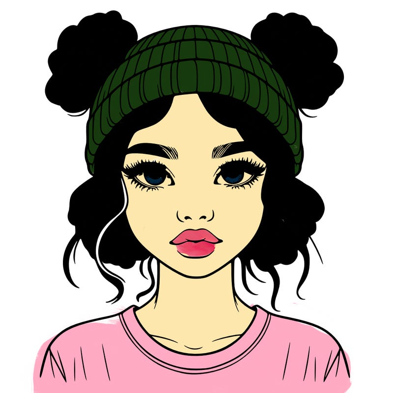realistic girl with buns in her hair with a beanie on