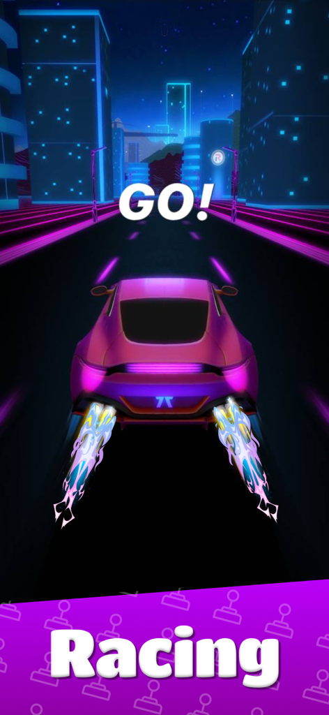 Neon arcade racing game featuring a pink sports car with flames in a cyberpunk city