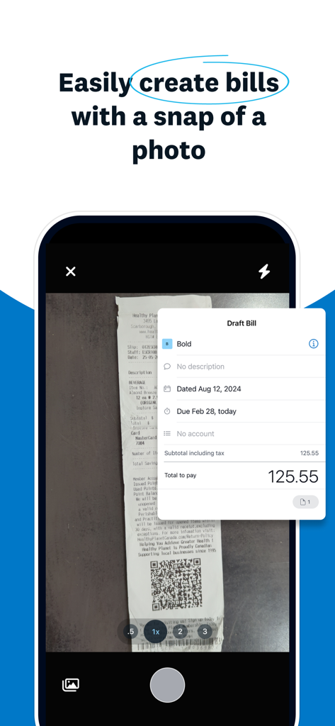 Xero Buchhaltungs-App, die die automatische Rechnungserstellung aus einem Belegfoto zeigt