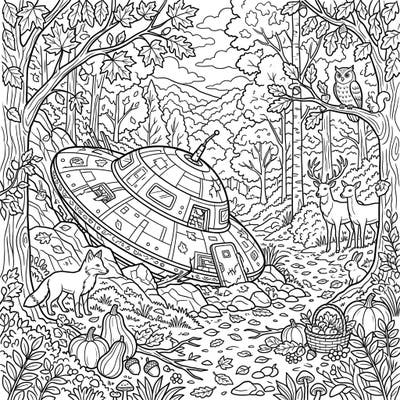 Journey into a captivating scene where a mysterious spacecraft has crash-landed amidst the beautiful colors of fall. Woodland creatures cautiously observe the unusual event, inviting you to add your vibrant touch to this unique autumn tale.