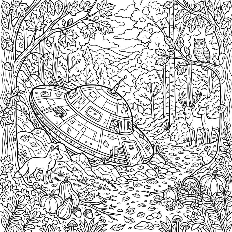 Journey into a captivating scene where a mysterious spacecraft has crash-landed amidst the beautiful colors of fall. Woodland creatures cautiously observe the unusual event, inviting you to add your vibrant touch to this unique autumn tale.