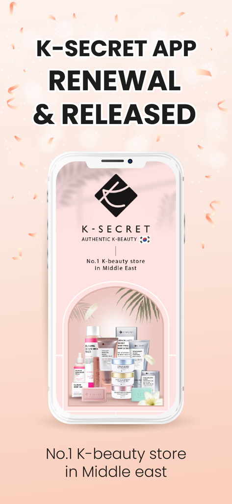 K-SECRET - Schermata promozionale dell'app K-SECRET per prodotti di bellezza coreani autentici