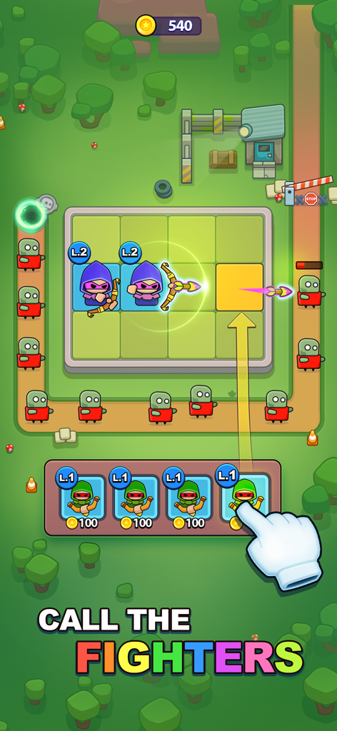 Survival Arena: Tower Defense - Captura de pantalla de gameplay de Survival Arena Tower Defense mostrando a un jugador arrastrando un héroe luchador a la cuadrícula para defenderse de zombis