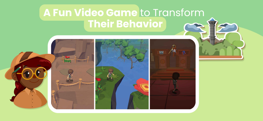 Chores and Anger Management - Promotional image for Lusha showing a fun video game designed to transform children's behavior through immersive 3D environments