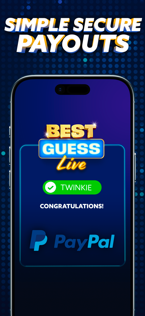 Best Guess Live - Uno screenshot dell'app Best Guess Live che mostra una notifica di vincita con il logo PayPal e l'intestazione Pagamenti semplici e sicuri