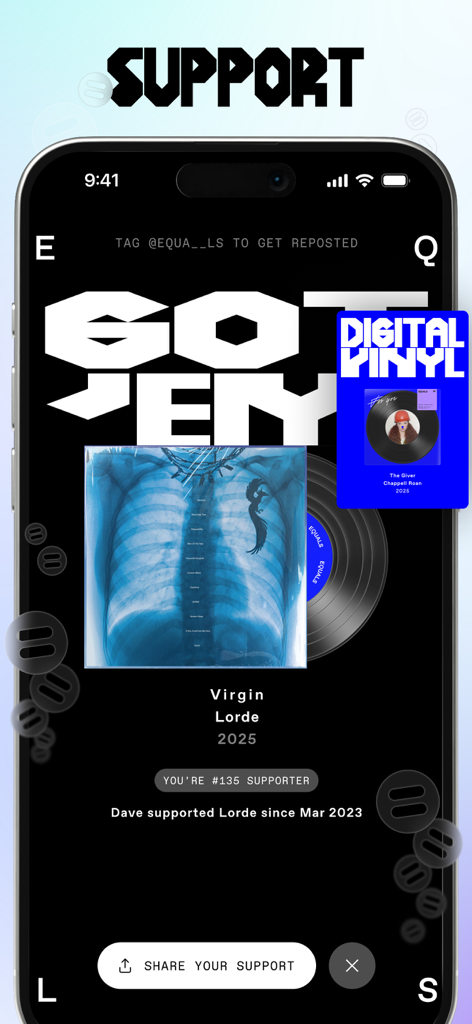 EQUALS: Make Friends via Music - Captura de pantalla de la app EQUALS mostrando un disco de vinilo digital y el rango de soporte de artista para Lorde.