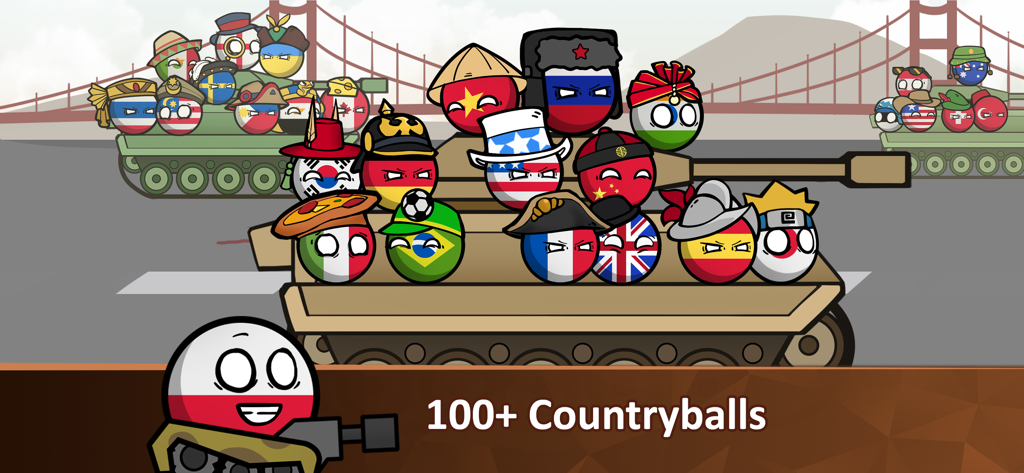 Countryballs - Zombie Attack - A group of diverse countryballs riding on military tanks with the text 100 plus Countryballs