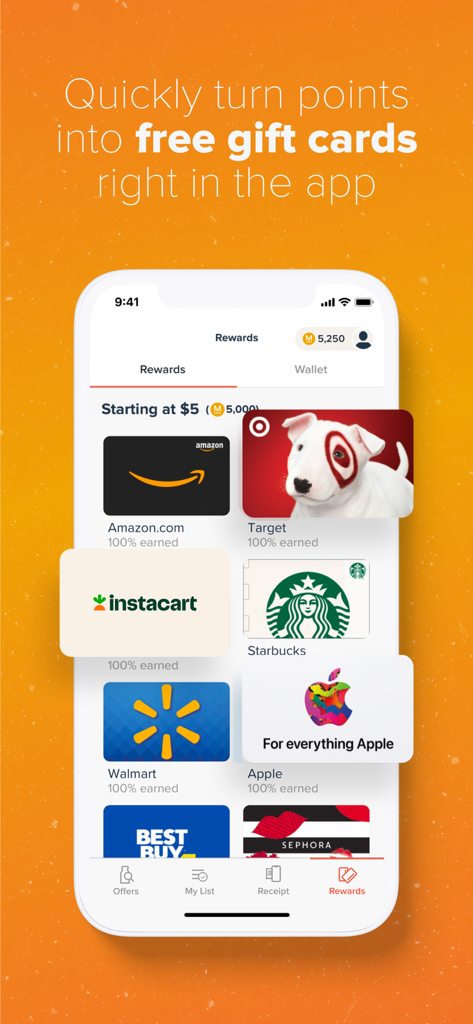 A screen from the Merryfield app showing various gift card rewards including Target Amazon and Starbucks