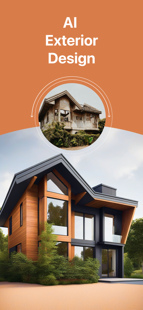 AI Exterior Home Design - Before and after visual of a house exterior redesigned with AI