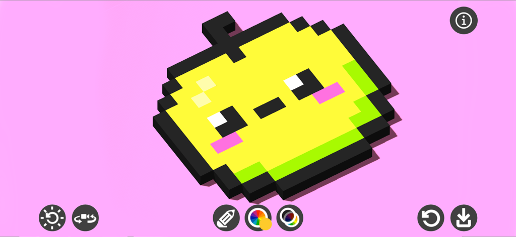 Pixel Draw 3D - Ein niedlicher 3D-Pixelkunst-Charakter in der Pixel Draw 3D Editor-Oberfläche