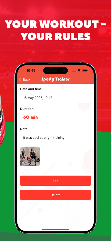 Sporty Trainer - Screenshot of the Sporty Trainer app showing a completed workout log with duration, date, and personal notes.