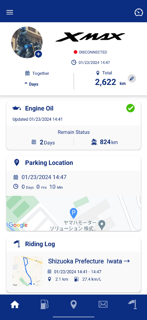 Dashboard of the Yamaha Y-Connect app showing engine oil status, parking location, and riding log for an XMAX motorcycle