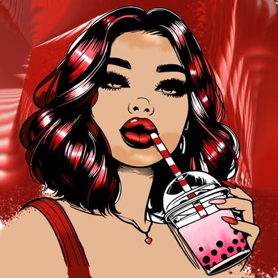 realistic girl with glossy lips holding boba