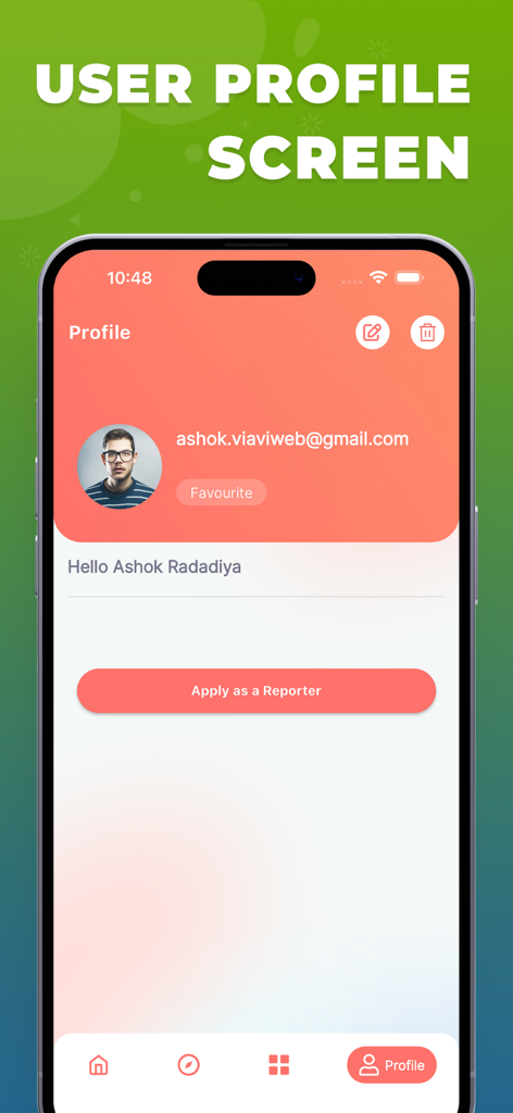 NewsAtTimeアプリのユーザープロフィール画面。アカウントの詳細とレポーターとしての応募オプションが表示されています。