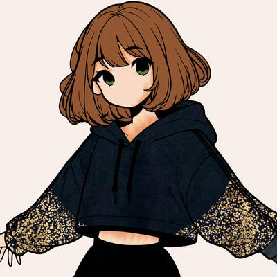 cute realistic girl in crop top with unzipped hoodie