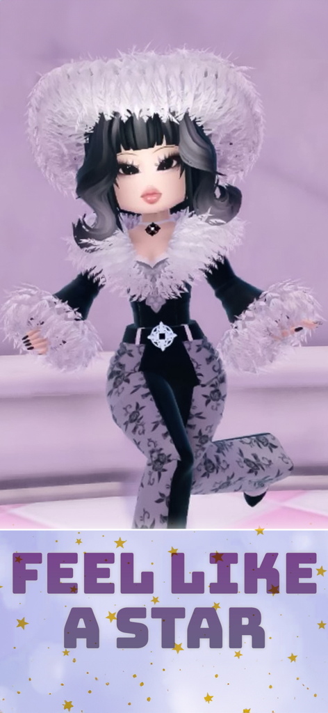 Famous Fashion Roblox Star - A Roblox style character in a stylish black and white outfit with a furry hat and the text Feel Like A Star