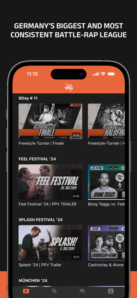 Mobile app screen showing German battle rap videos from the DLTLLY league