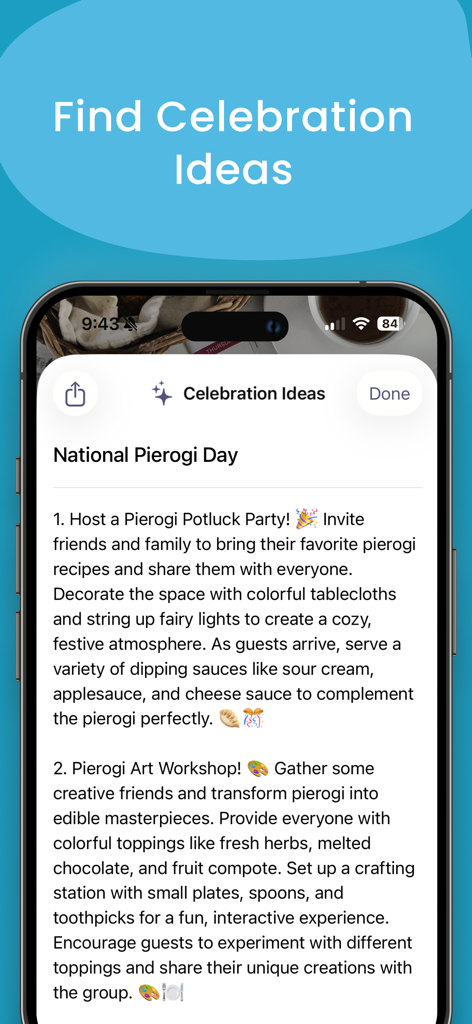 National Holiday Today - Mobile app interface of National Holiday Today showing creative ideas for National Pierogi Day