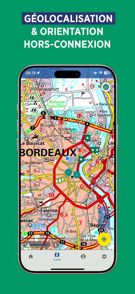 Michelin Maps Europe - Aplicación Michelin Maps Europe mostrando un mapa de carreteras sin conexión de Burdeos con puntos de interés.