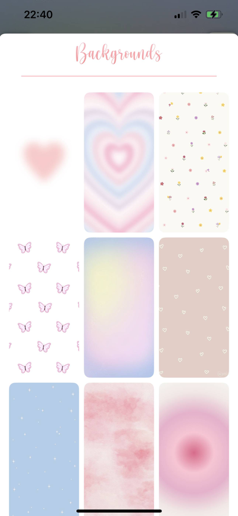 A selection of pastel and floral wallpaper background patterns in a mobile app.