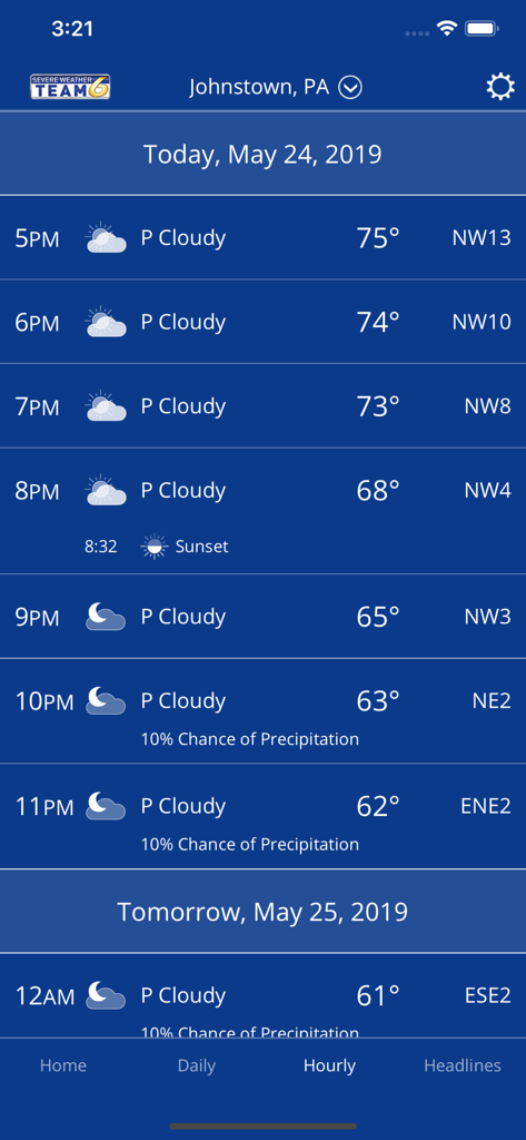 Hourly weather forecast screen for Johnstown Pennsylvania in the WJAC WX mobile app