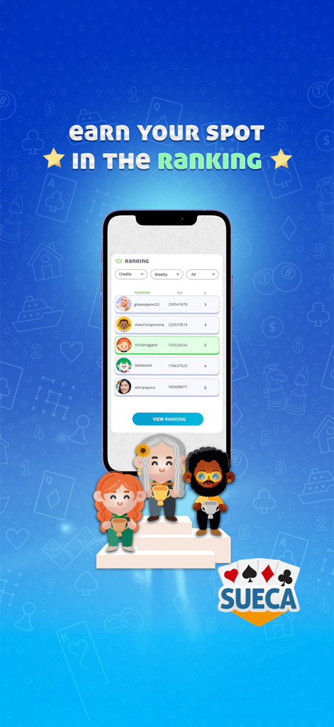 Weekly leaderboard showing top players in the Sueca card game app