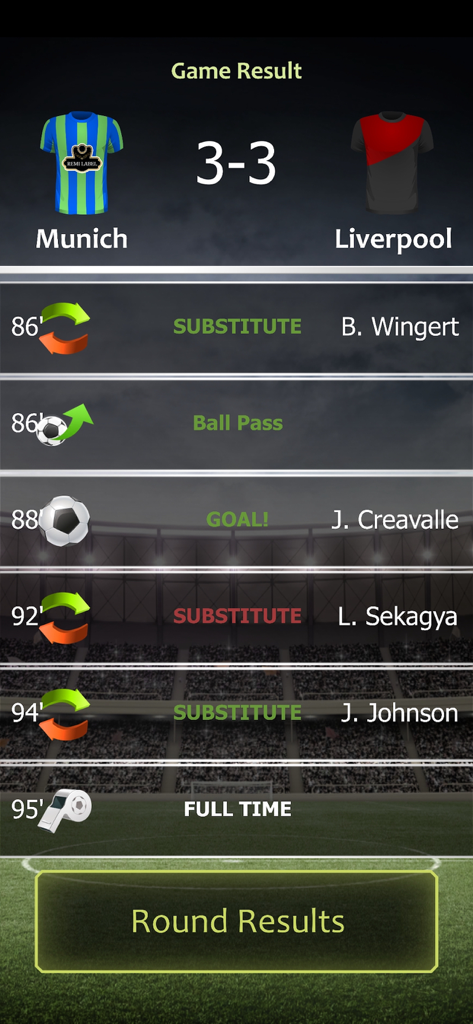 Football Tycoon - Football Tycoon game screen showing a 3-3 draw match result between Munich and Liverpool with a timeline of goals and substitutions