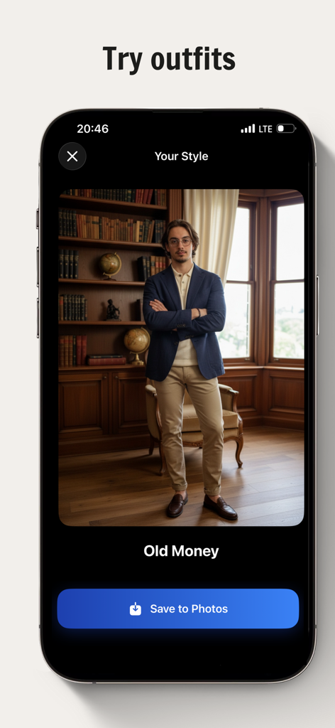U Max: AI Looksmax Face Rating - U Max 앱 스크린샷, AI 패션 분석이 포함된 올드머니 스타일 의상을 입은 남성 모델