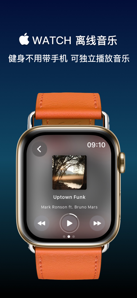 倾音-离线音乐播放器&歌曲推荐 - Tela do Apple Watch mostrando a interface do reprodutor de música offline Qing Yin para exercícios sem telefone