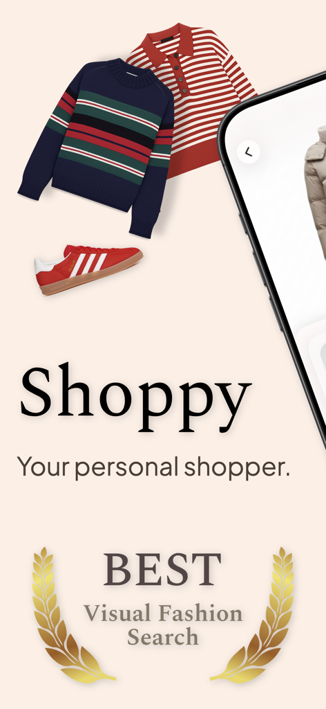 Shoppy - Fashion Search - Pantalla de la aplicación Shoppy que muestra artículos de ropa y el texto Tu comprador personal