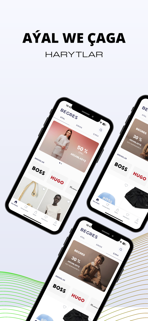 BEGRES - Three iPhones displaying the BEGRES mobile app for luxury fashion shopping