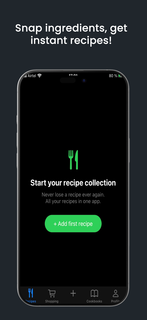 Recipe Book : Plan & Organize - Pantalla de la aplicación móvil para Recipe Book mostrando una indicación para comenzar una colección de recetas y agregar tu primera receta